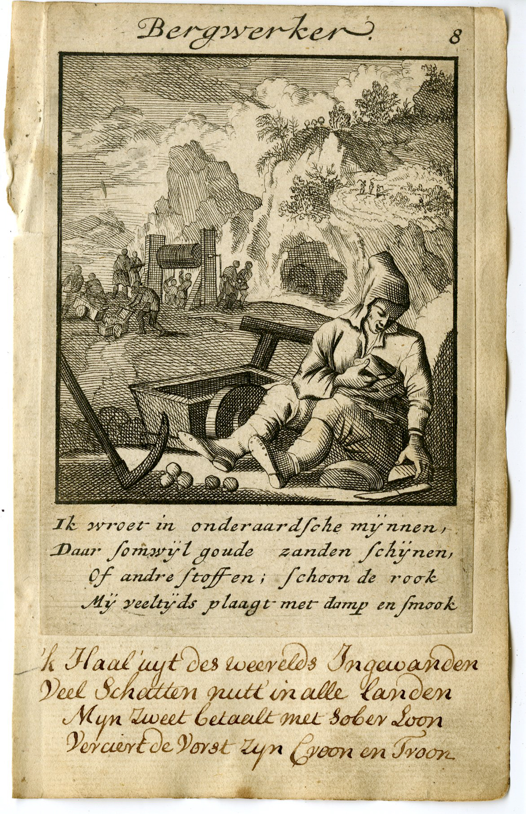 , Antique Print-PROFESSION-BERGWERKER-MOUNTAIN WORKER-MINER-Luyken-1720, Pictura Antique Prints
