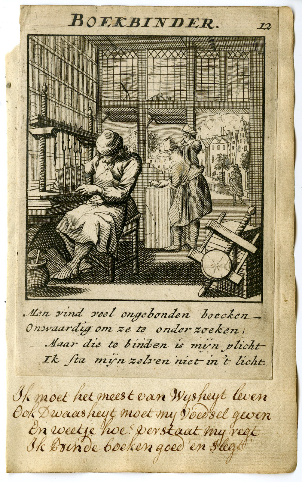 , Antique Print-PROFESSION-BOEKBINDER-BOOKBINDER-Luyken-1720, Pictura Antique Prints