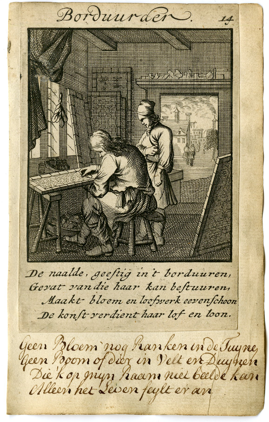 , Antique Print-PROFESSION-DE BORDUURDER-EMBROIDERER-Luyken-1720, Pictura Antique Prints