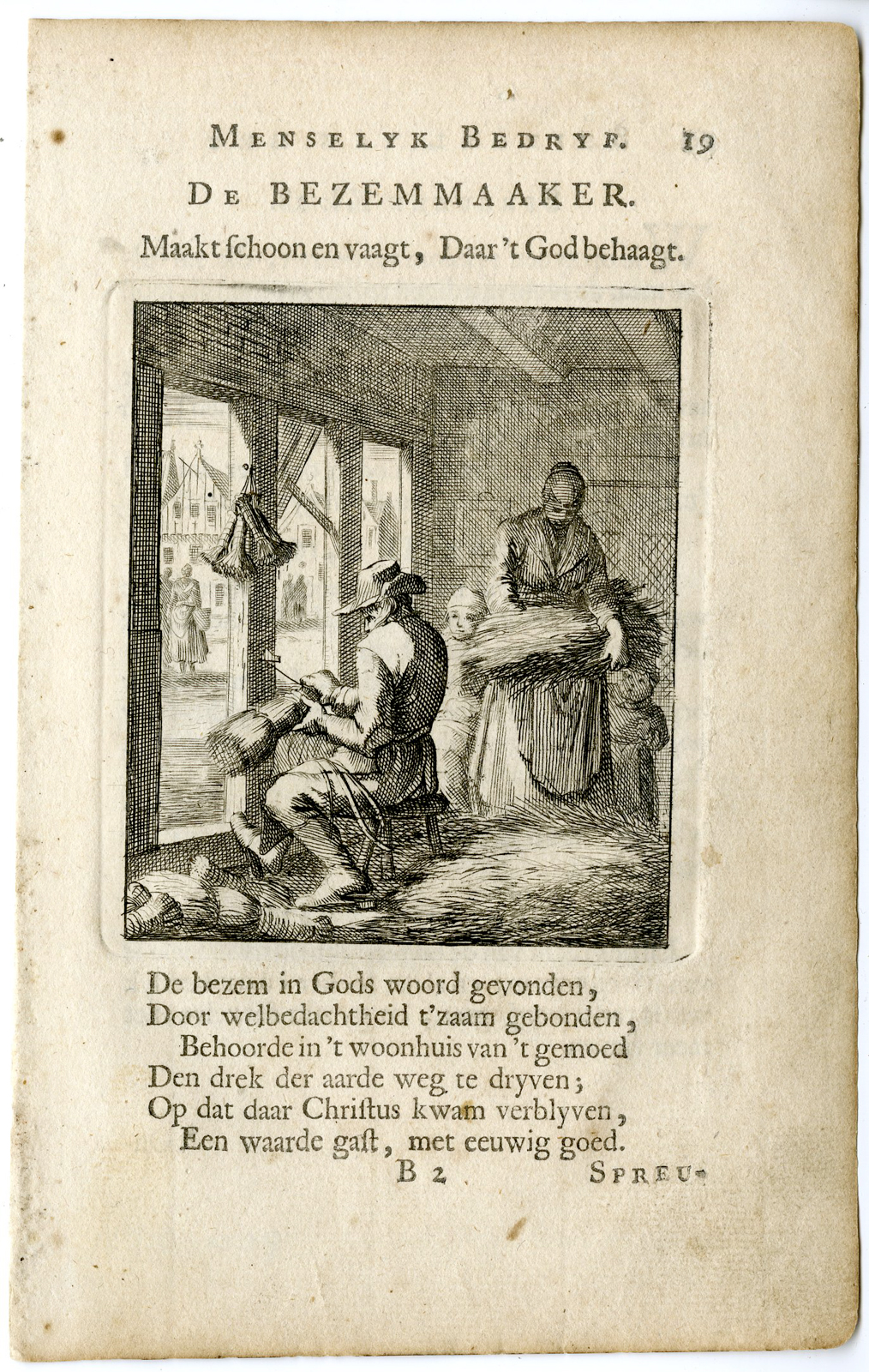 , Antique Print-PROFESSION-DE BEZEMMAAKER-BROOM MAKER-Luyken-c.1700, Pictura Antique Prints