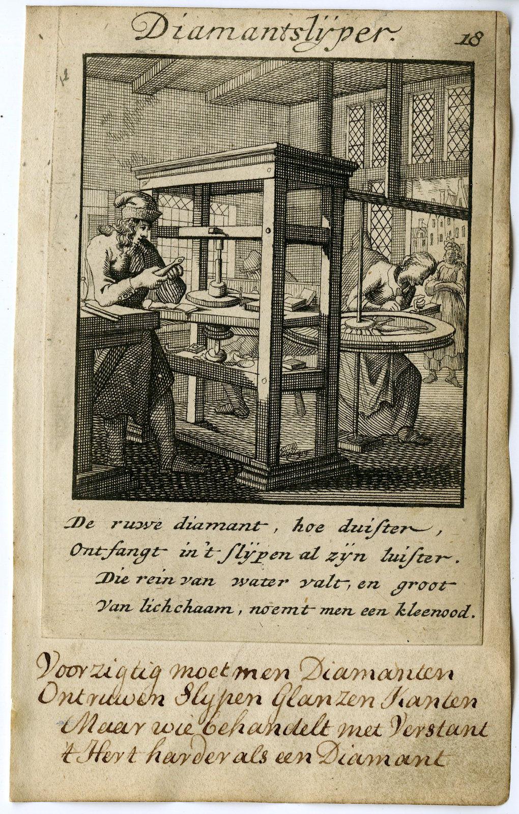, Antique Print-PROFESSION-DIAMANTSLIJPER-DIAMOND CUTTER-Luyken-1720, Pictura Antique Prints