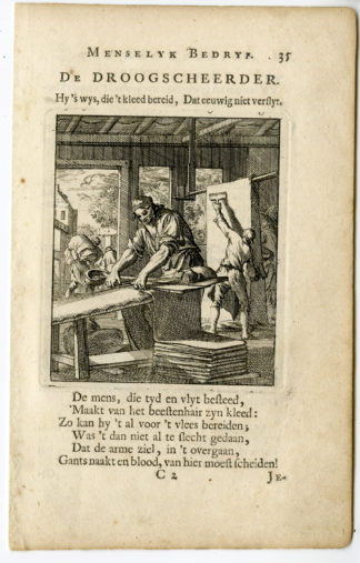 Antique Print-PROFESSION-DROOGSCHEERDER-SHEET SHAVER-Luyken-c.1700