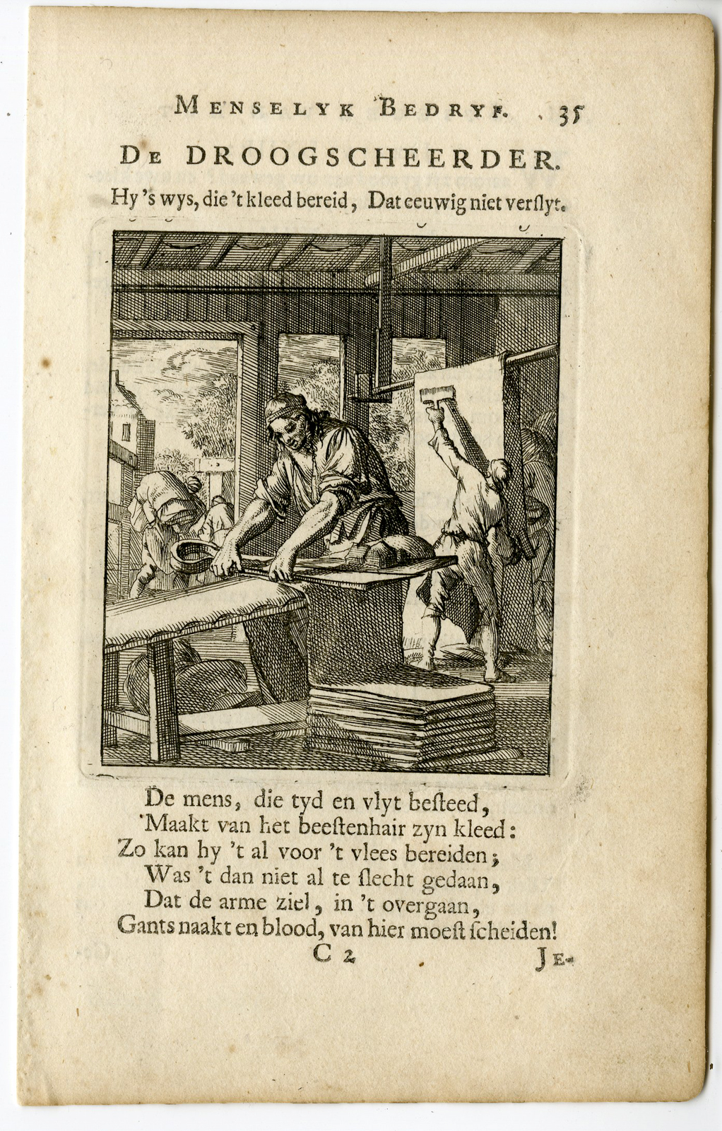 , Antique Print-PROFESSION-DROOGSCHEERDER-SHEET SHAVER-Luyken-c.1700, Pictura Antique Prints