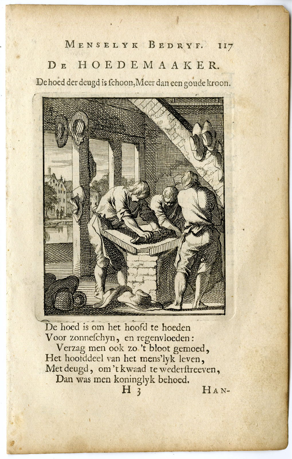 , Antique Print-PROFESSION-DE HOEDEMAAKER-HATTER-Luyken-c.1700, Pictura Antique Prints