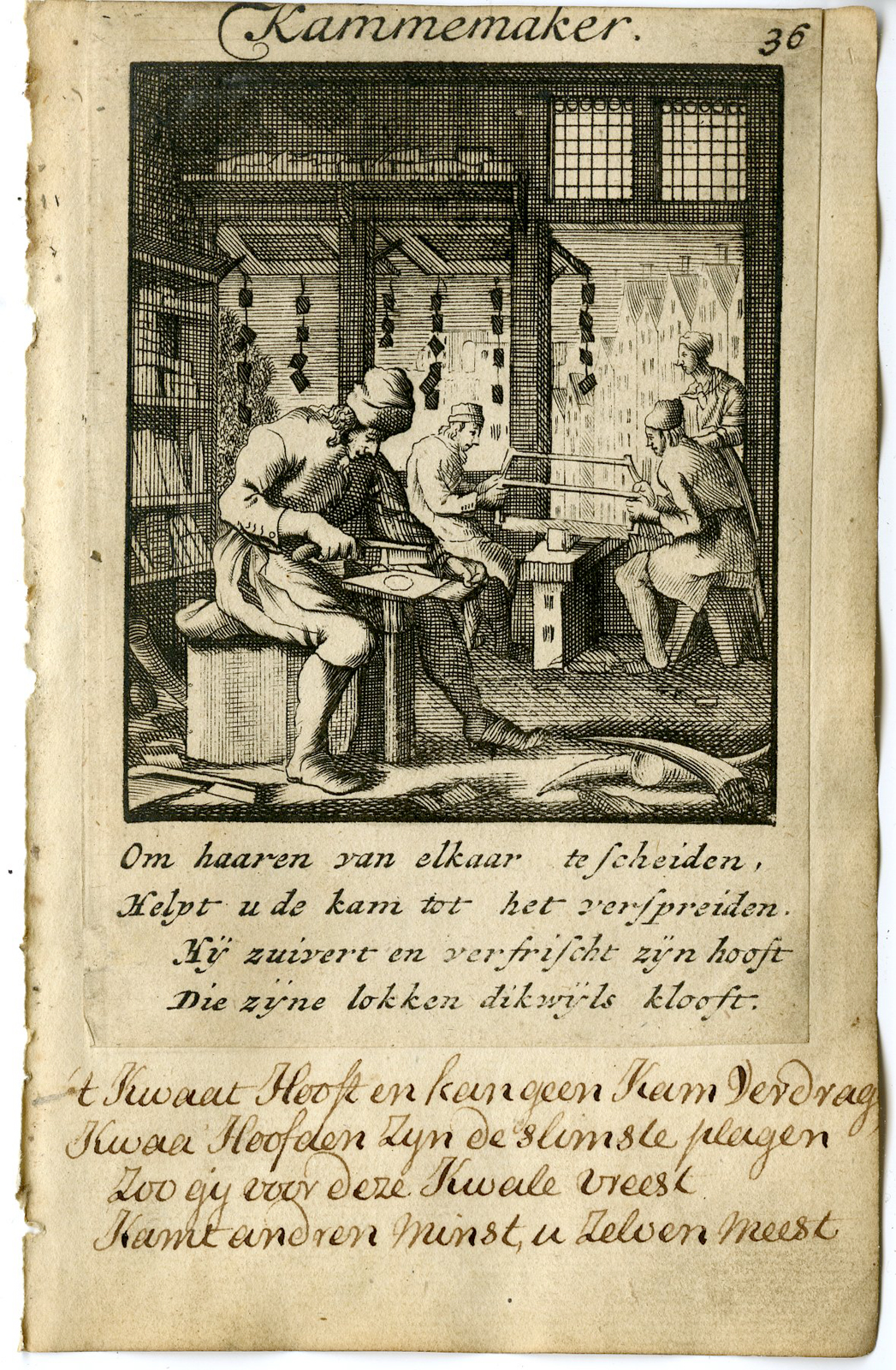 , Antique Print-PROFESSION-KAMMEMAAKER-COMB MAKER-Luyken-1720, Pictura Antique Prints