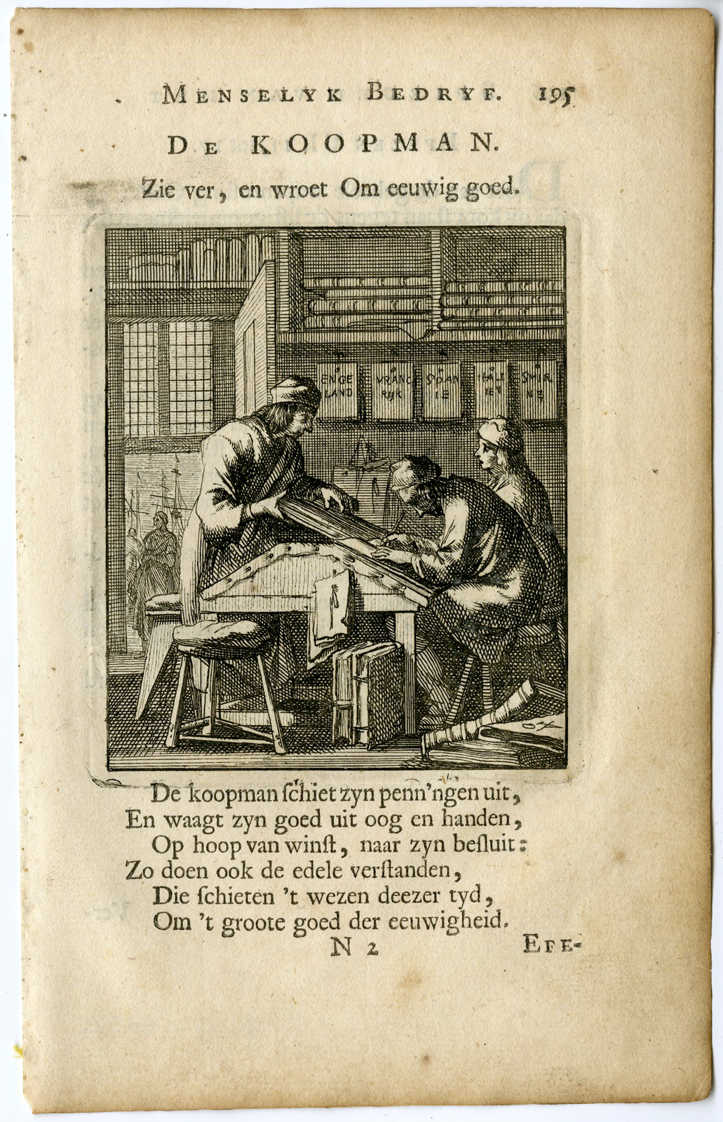, Antique Print-PROFESSION-DE KOOPMAN-MERCHANT-Luyken-c.1700, Pictura Antique Prints