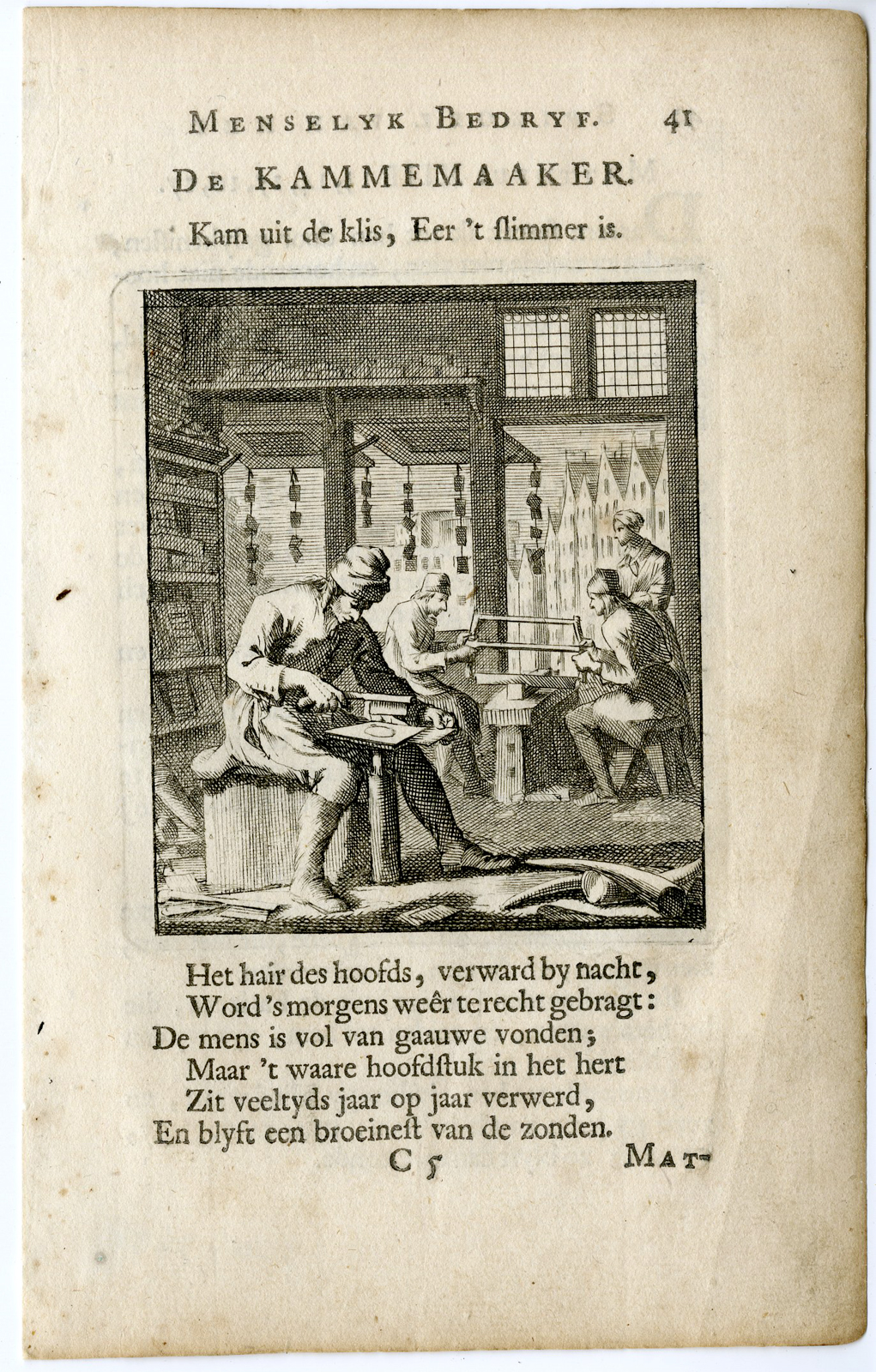 , Antique Print-PROFESSION-KAMMEMAAKER-COMB MAKER-Luyken-c.1700, Pictura Antique Prints