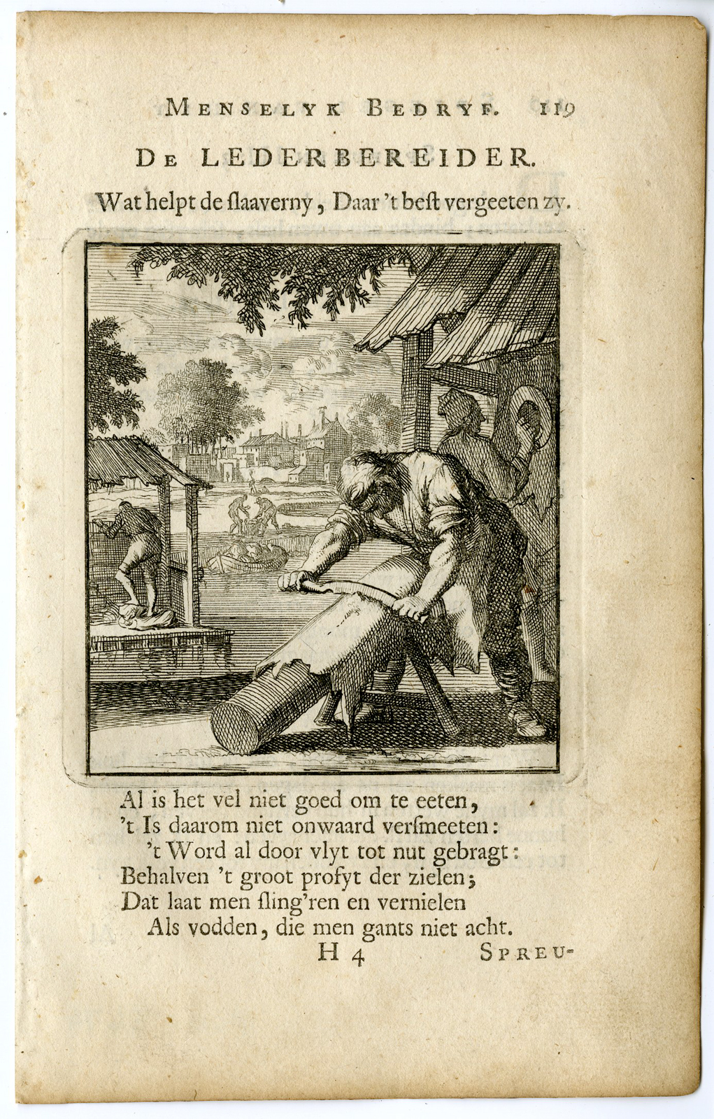 , Antique Print-PROFESSION-LEDERBEREIDER-LEATHER WORKER-Luyken-c.1700, Pictura Antique Prints