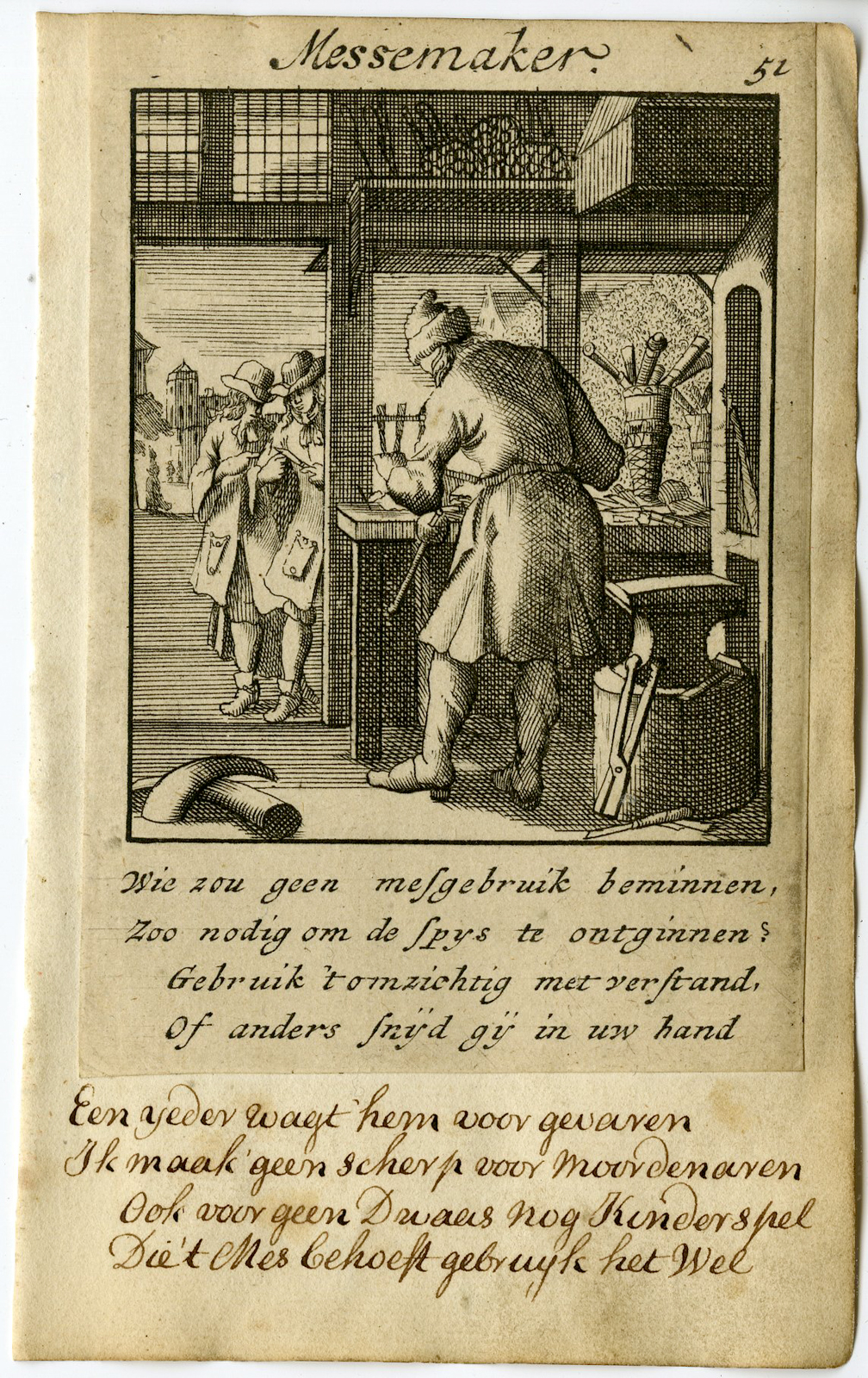 , Antique Print-PROFESSION-MESSEMAKER-KNIFE MAKER-Luyken-1720, Pictura Antique Prints