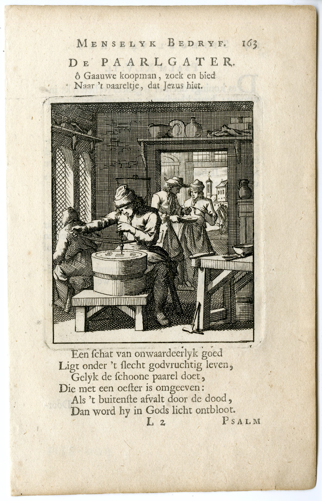 , Antique Print-PROFESSION-PEERELGATER-PEARL HOLE MAKER-Luyken-c.1700, Pictura Antique Prints