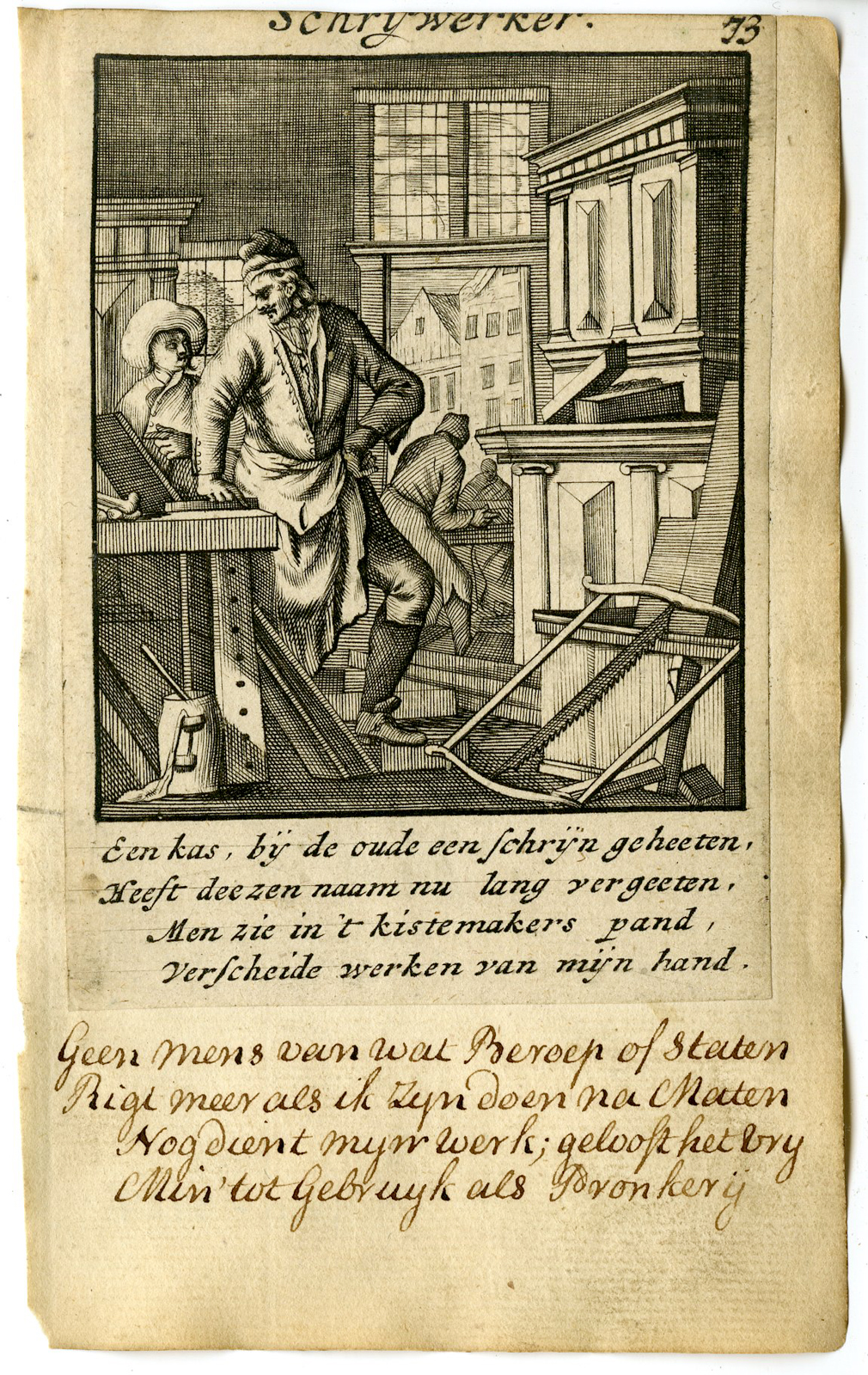 , Antique Print-PROFESSION-SCHRYWERKER-WOOD WORKER-Luyken-c.1700, Pictura Antique Prints