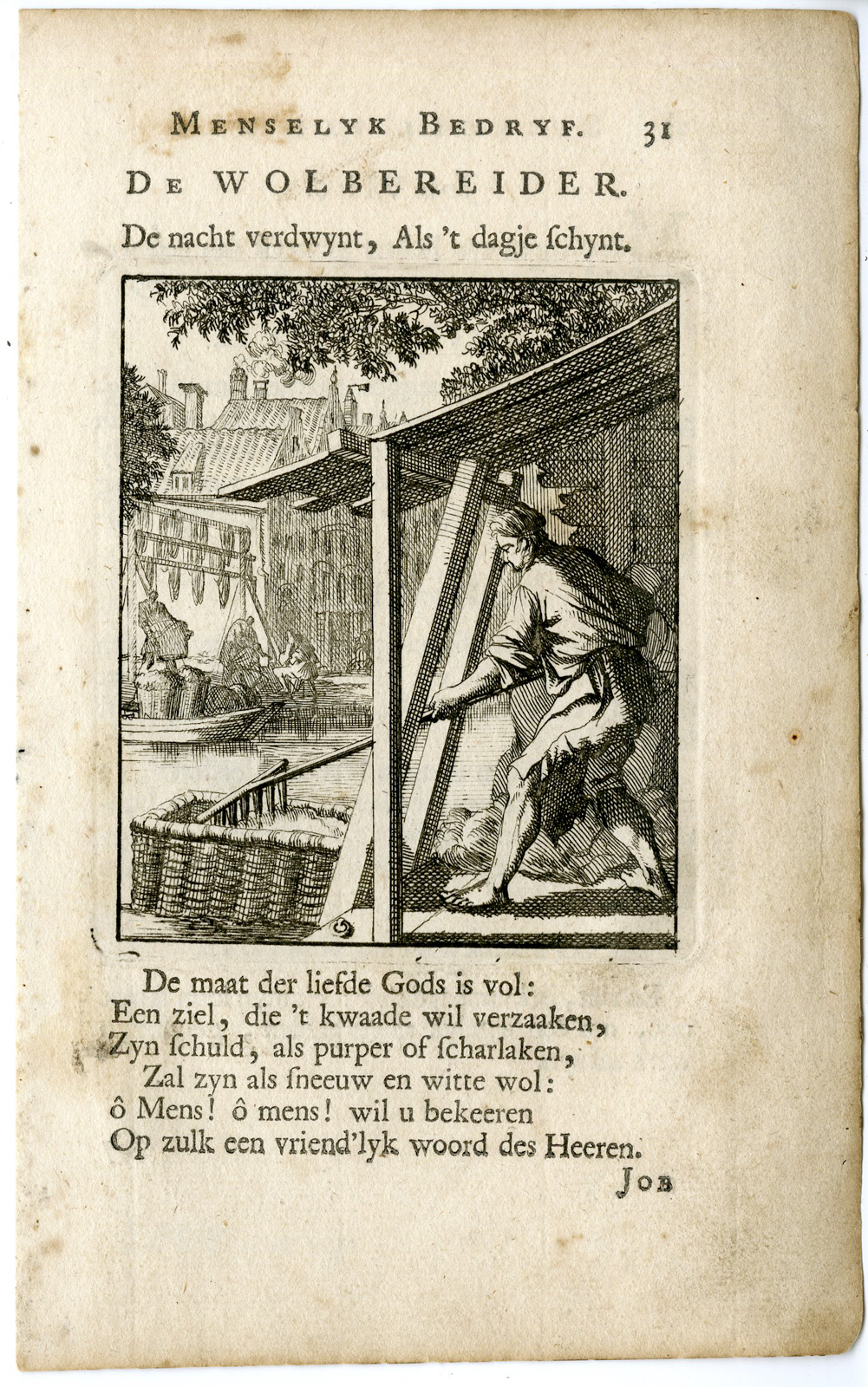 , Antique Print-PROFESSION-WOLBEREIDER-WOOL MAKER-Luyken-c.1700, Pictura Antique Prints