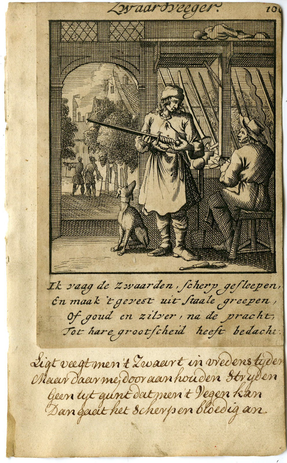 , Antique Print-PROFESSION-ZWAARDVEEGER-SWORD SHARPENER-Luyken-1720, Pictura Antique Prints