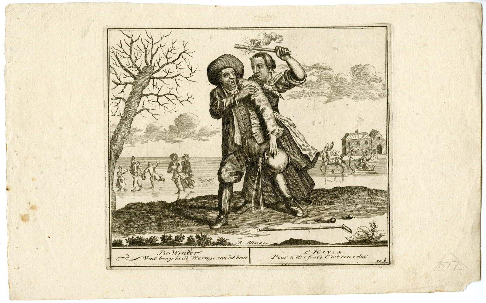 , 2 Antique Prints-WINTER-AUTUMN-SEASONS-ALLARD-c.1713, Pictura Antique Prints