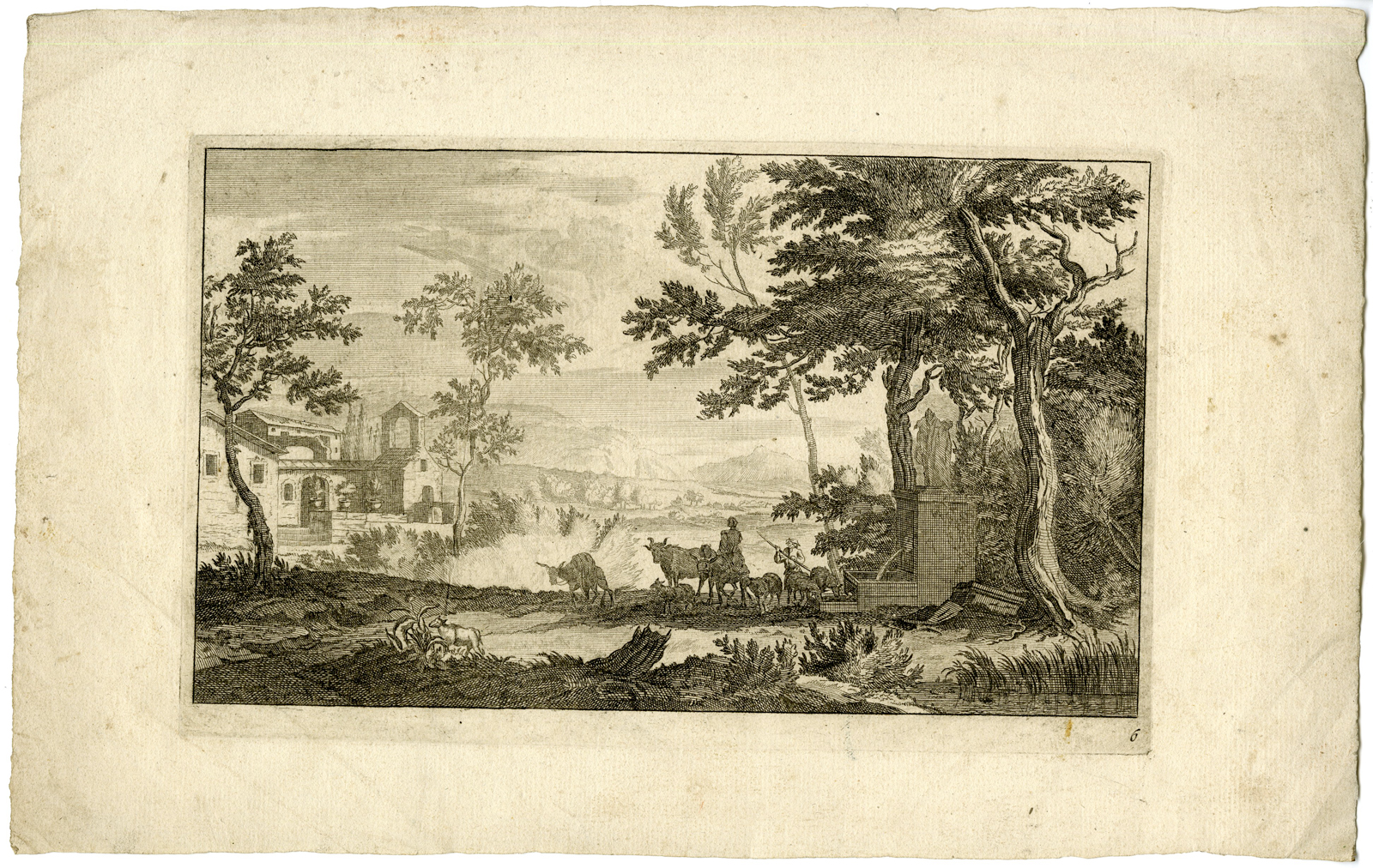 , Antique Print – ITALIANATE LANDSCAPE-SHEPHERD-WELL-ANONYMOUS – c.1674, Pictura Antique Prints