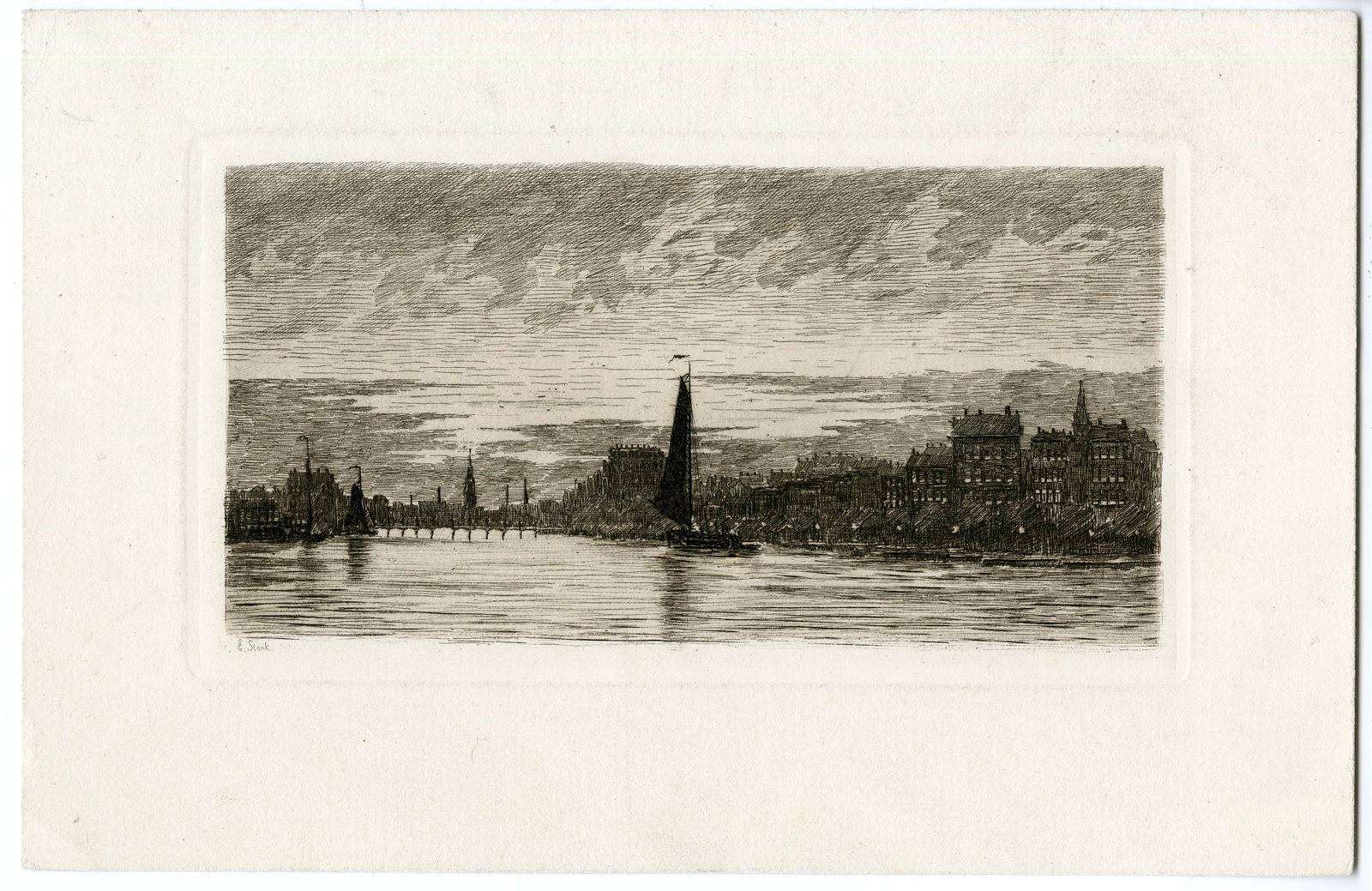 Pco 7352 416x270 Antique Print - AMSTEL RIVER VIEW-AMSTERDAM-DUSK-BOAT-ELIAS STARK after own design - 1887