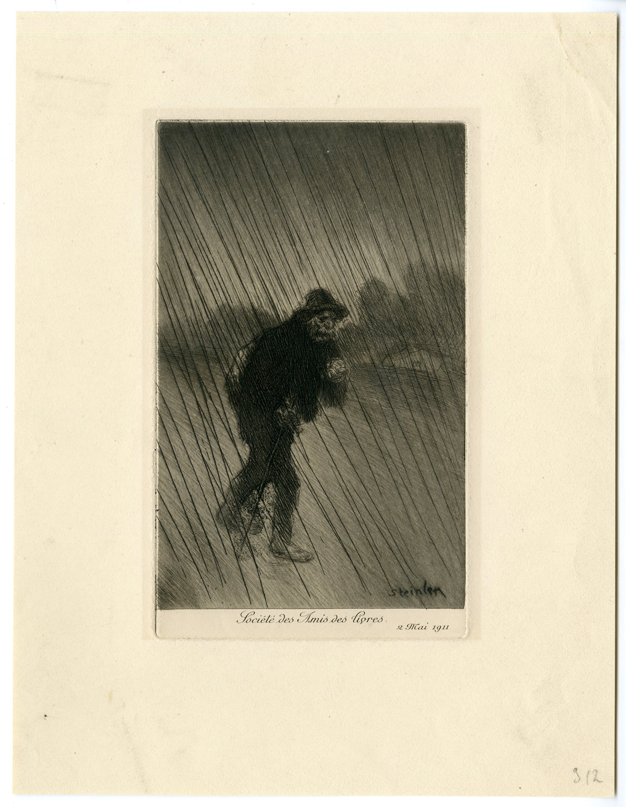 , Antique Print – MAN WALKING IN RAIN-THEOPHILE STEINLEN after own design – 1911, Pictura Antique Prints