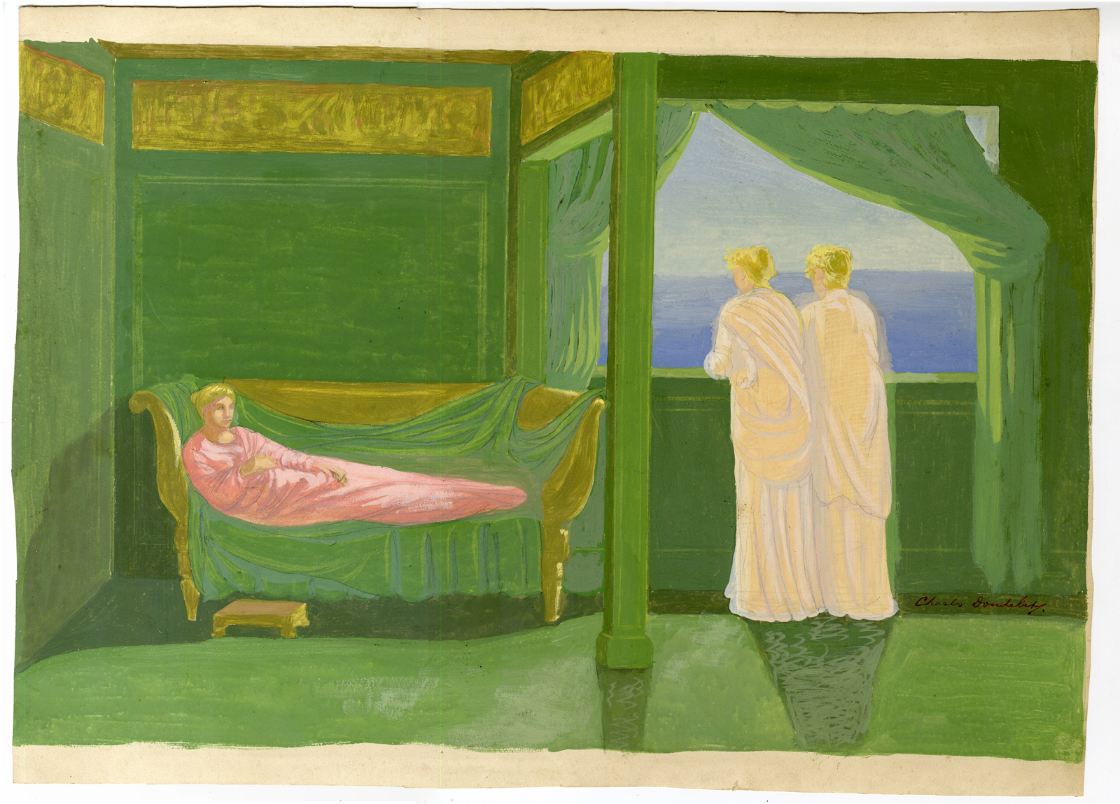 , Antique Drawing – ROMAN INTERIOR WITH FEMALE FIGURES-CHARLES DOUDELET after own design – 1900-1920, Pictura Antique Prints