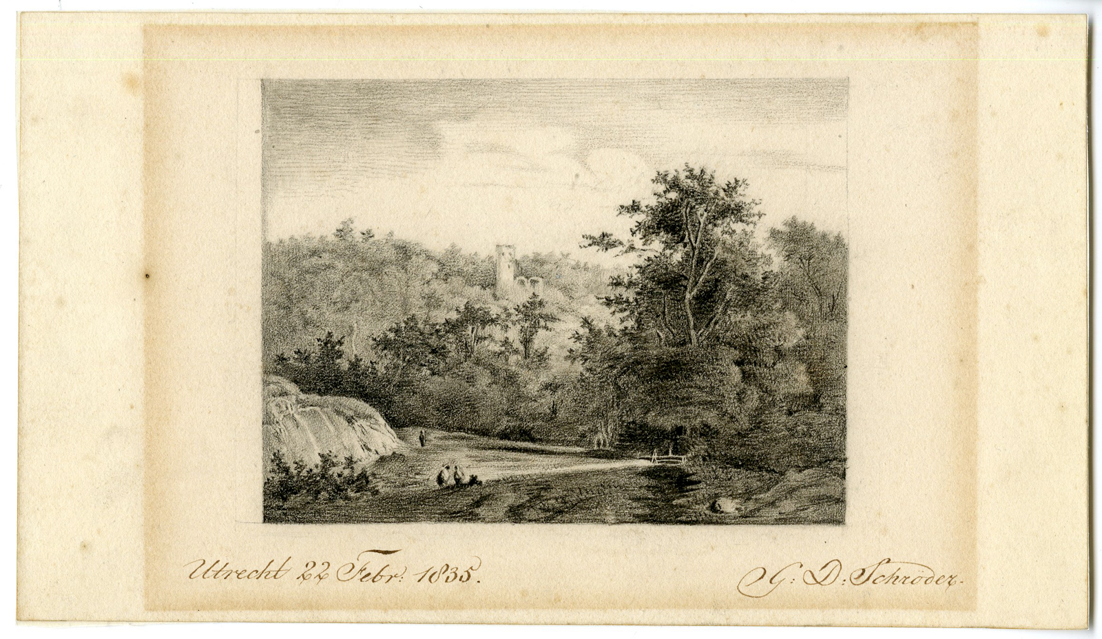, Antique Drawing – LANDSCAPE-FOREST-UTRECHT-SCHRÖDER after own design – 1835, Pictura Antique Prints