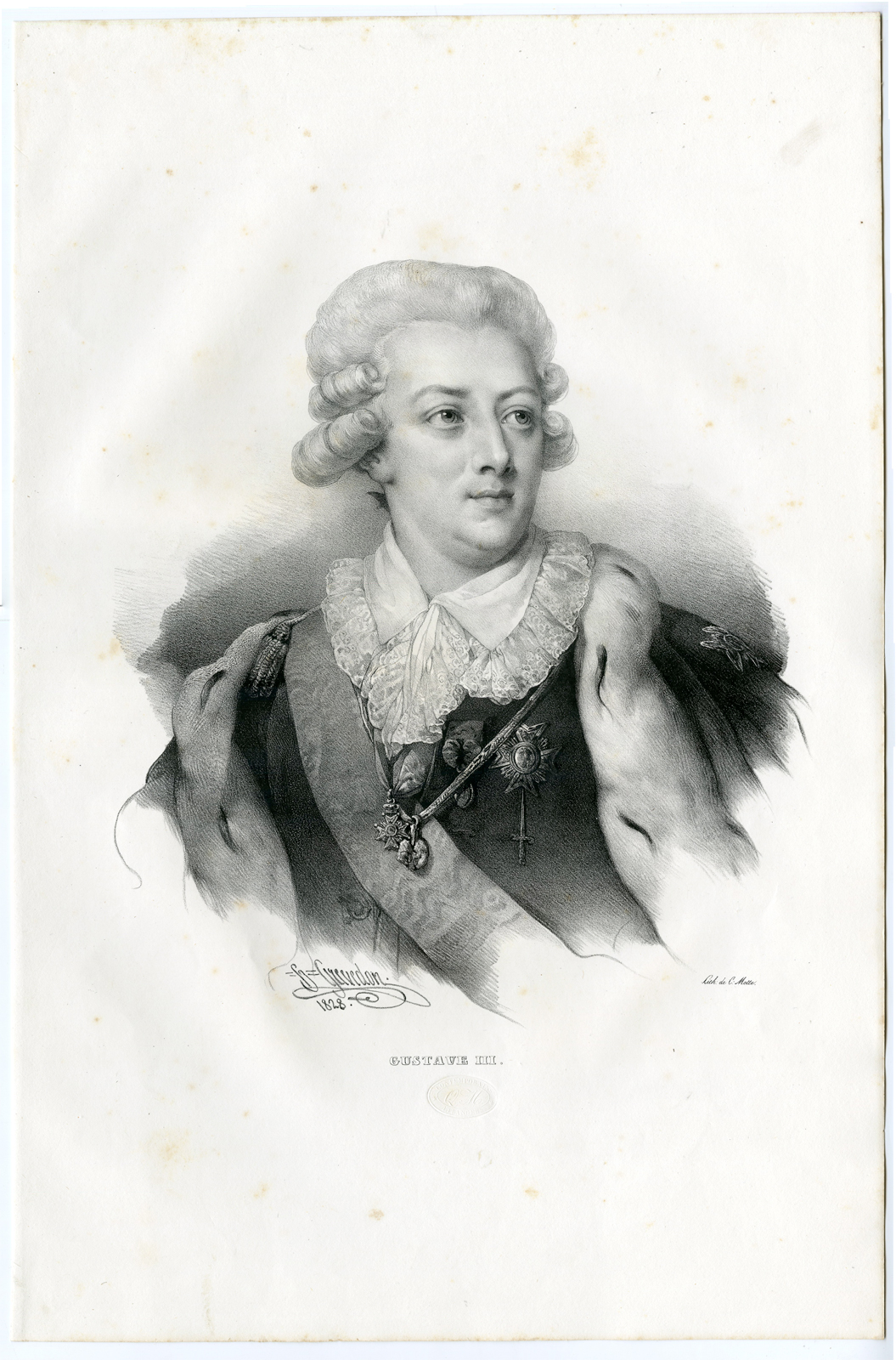 , Antique Print – PORTRAIT-GUSTAVE III-KING SWEDEN-GREVEDON-MOTTE after own design – 1828, Pictura Antique Prints