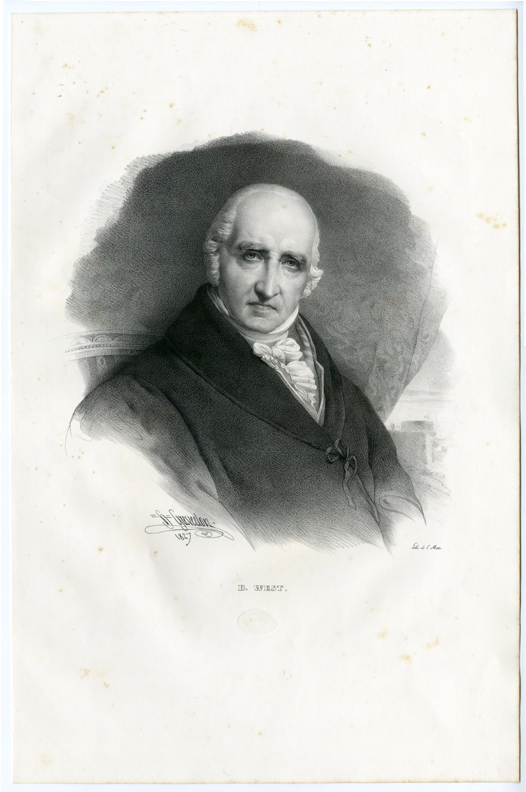 , Antique Print – PORTRAIT-BENJAMIN WEST-ARTIST-GREVEDON-MOTTE after own design – 1828, Pictura Antique Prints