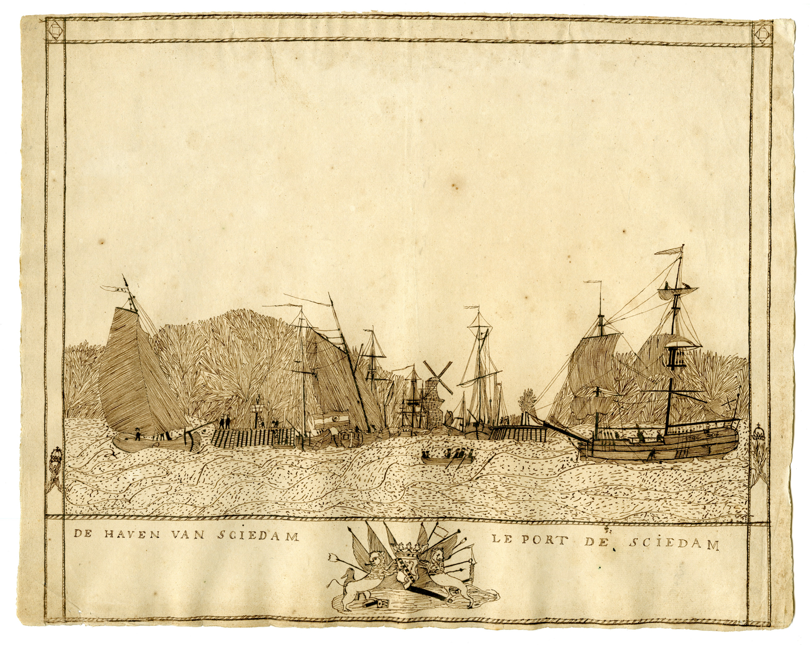 Pco 7993 416x331 Antique Drawing - HARBOUR-SCHIEDAM-BOATS-SHIPS-DE JONG - c.1780