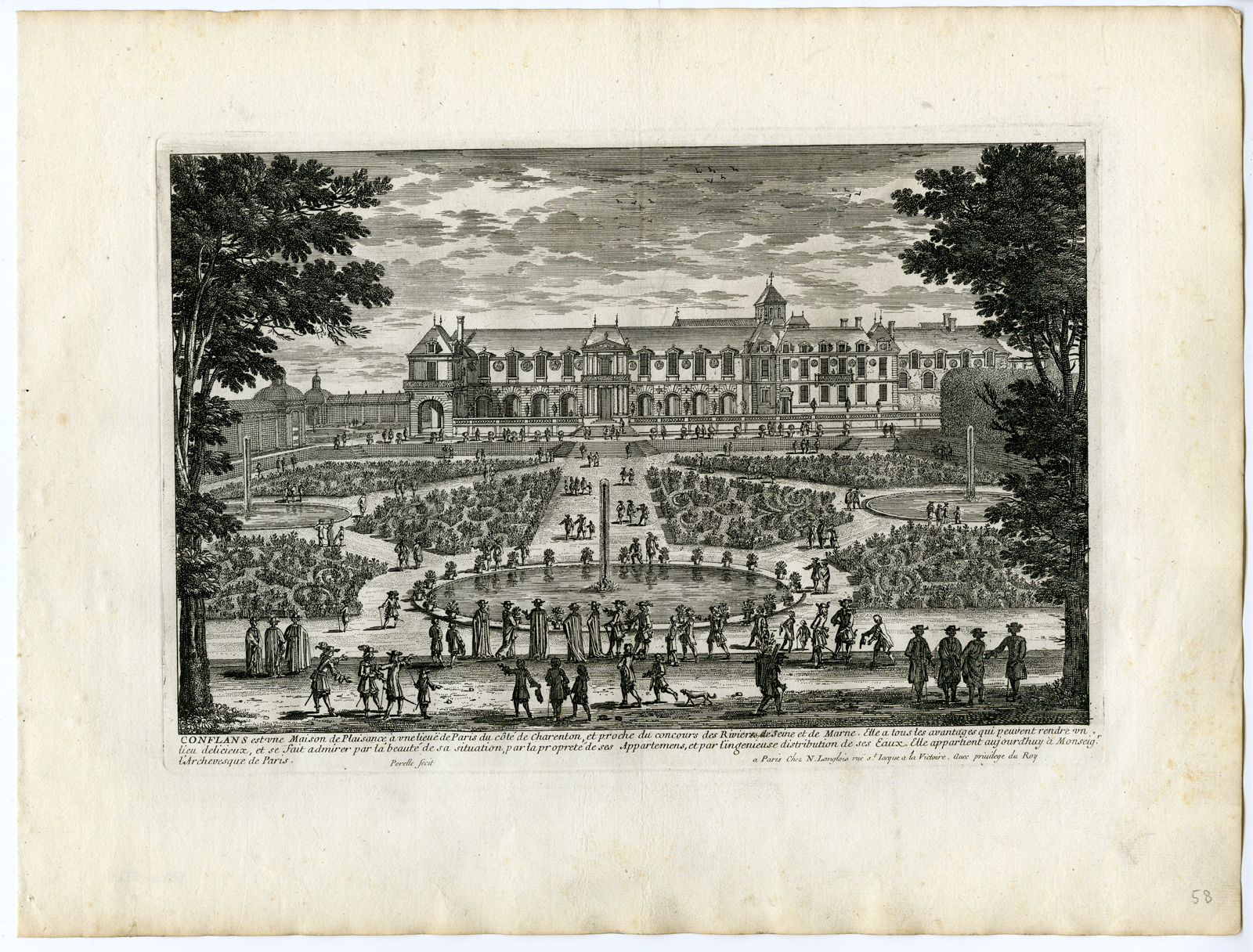 , Antique Print – GARDEN-CASTLE-CONFLANS-ARCHITECTURE-PERELLE after own design – c.1670, Pictura Antique Prints