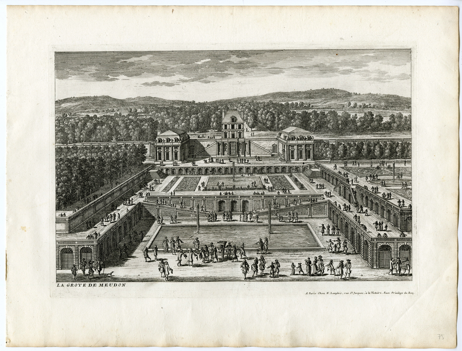 , Antique Prints – CASTLE-MEUDON-GARDENS-PARK-ARCHITECTURE-PERELLE after own design – c.1670, Pictura Antique Prints