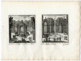 2 Antique Prints - TRELLIS-FOUNTAIN-GARDEN ARCHITECTURE-PRESLE-NICOLAI-PERELLE after own design - c.1670