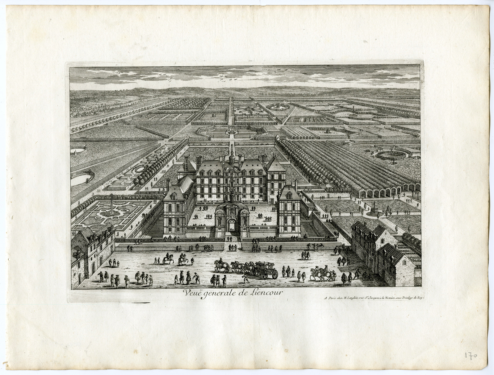 , Antique Print – CHATEAU-PARK-GARDEN-LIENCOURT-ARCHITECTURE-PERELLE after own design – c.1670, Pictura Antique Prints