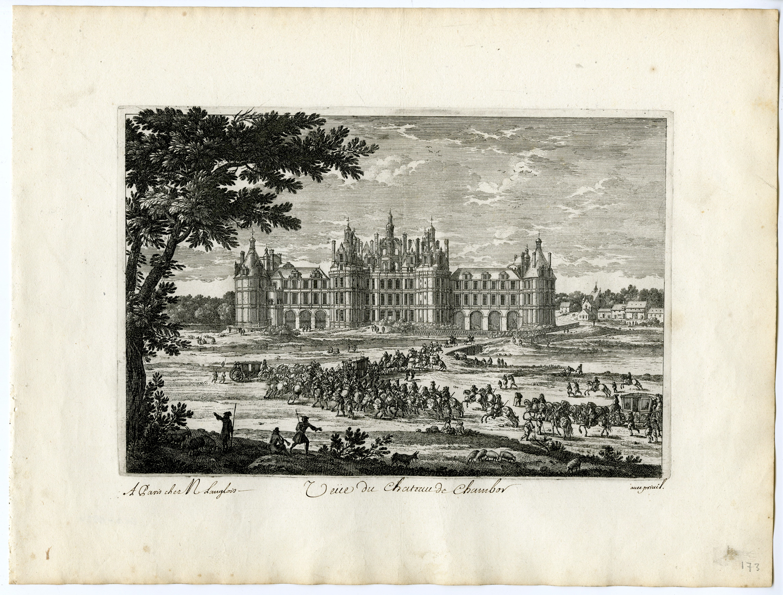 , Antique Print – CHATEAU-CASTLE-CHAMBORD-ARCHITECTURE-PERELLE after own design – c.1670, Pictura Antique Prints