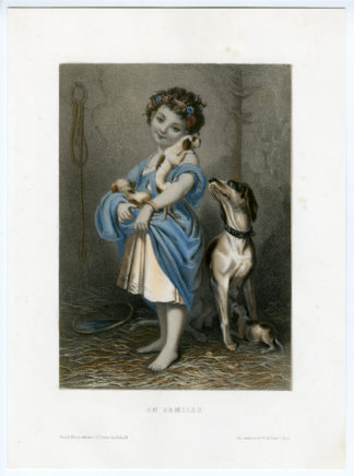 Antique Print - EN FAMILLE-GIRL AND DOG FAMILY-PUPPY - [Lemercier - 19th c.]