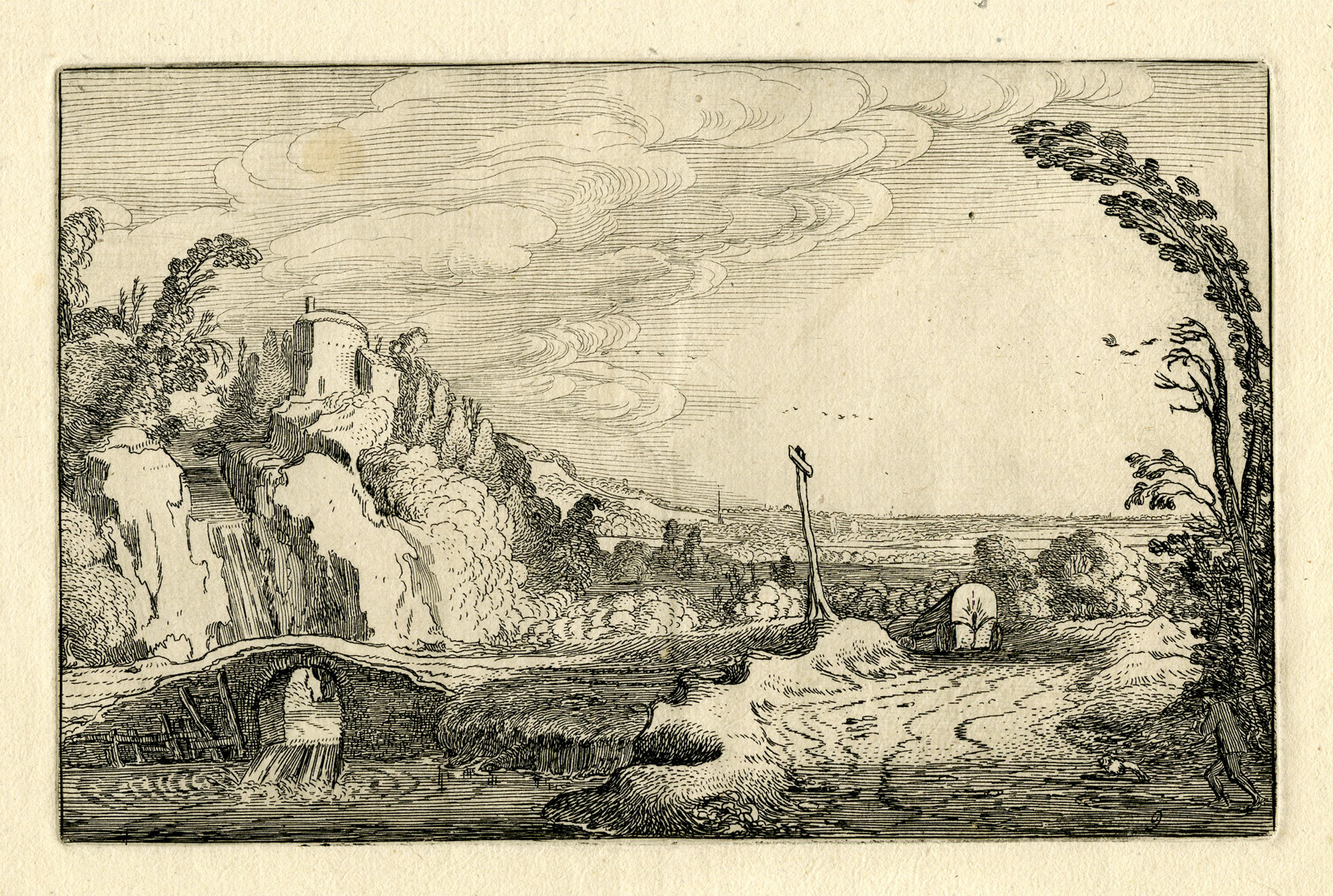 , Antique Print – LANDSCAPE WITH CASCADING RIVER-VAN DE VELDE after own design – 1616, Pictura Antique Prints