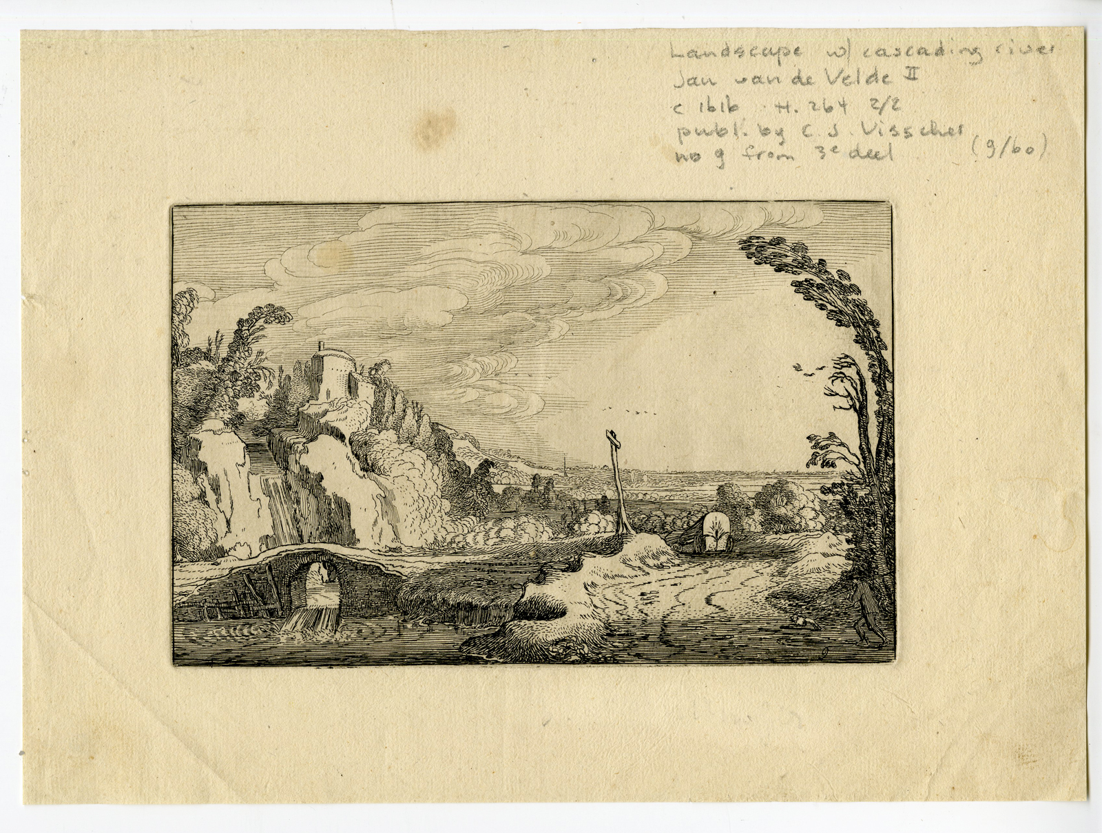 , Antique Print – LANDSCAPE WITH CASCADING RIVER-VAN DE VELDE after own design – 1616, Pictura Antique Prints
