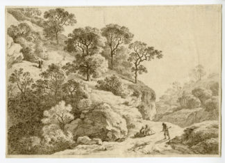 Antique Print - HILLY LANDSCAPE WITH FIGURES-TRAVELLERS-Anonymous - 18th.c