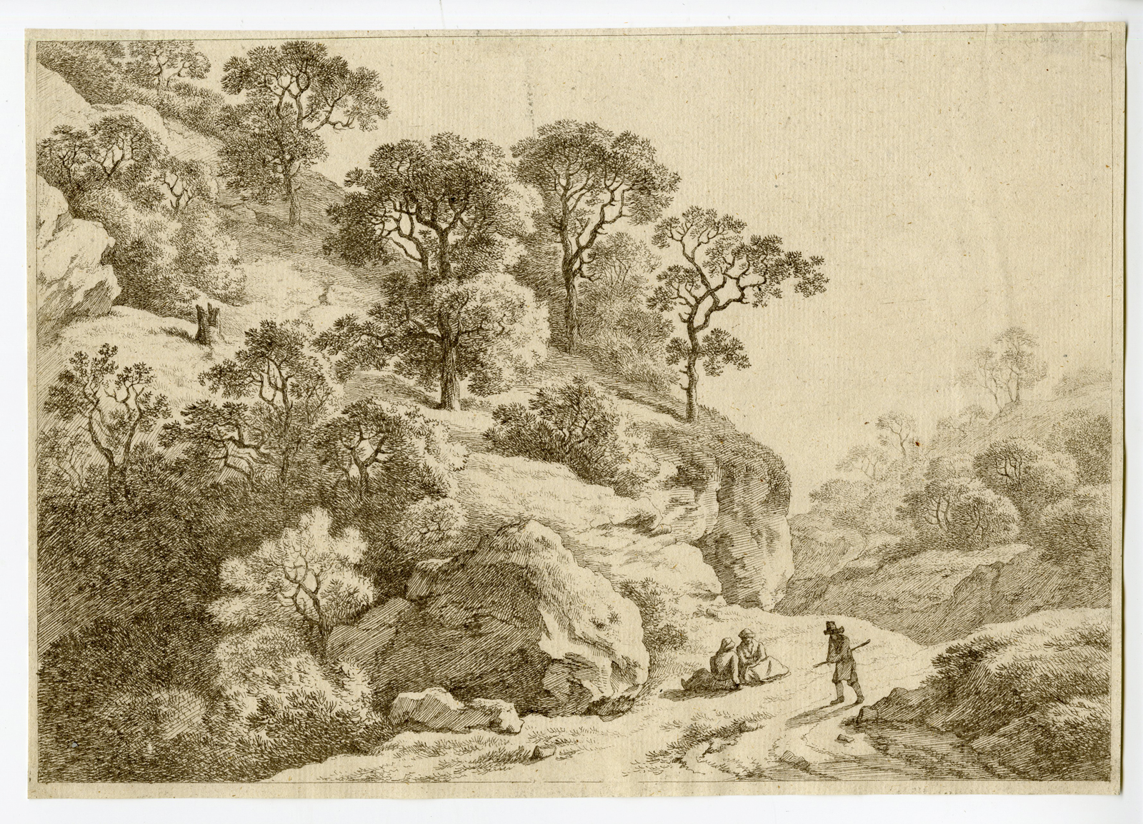 , Antique Print – HILLY LANDSCAPE WITH FIGURES-TRAVELLERS-Anonymous – 18th.c, Pictura Antique Prints