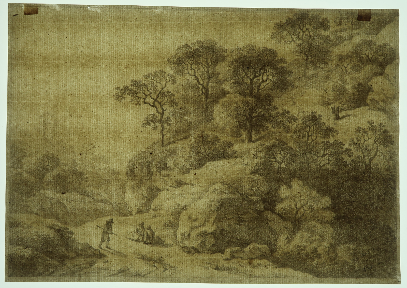 , Antique Print – HILLY LANDSCAPE WITH FIGURES-TRAVELLERS-Anonymous – 18th.c, Pictura Antique Prints