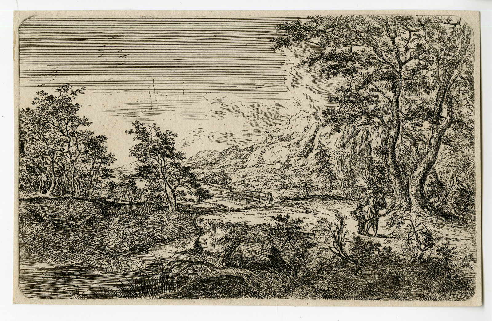 , Antique Print – WOODED LANDSCAPE WITH MAN AND BOY-BASKET-VAN BEMMEL after own design – c.1654, Pictura Antique Prints