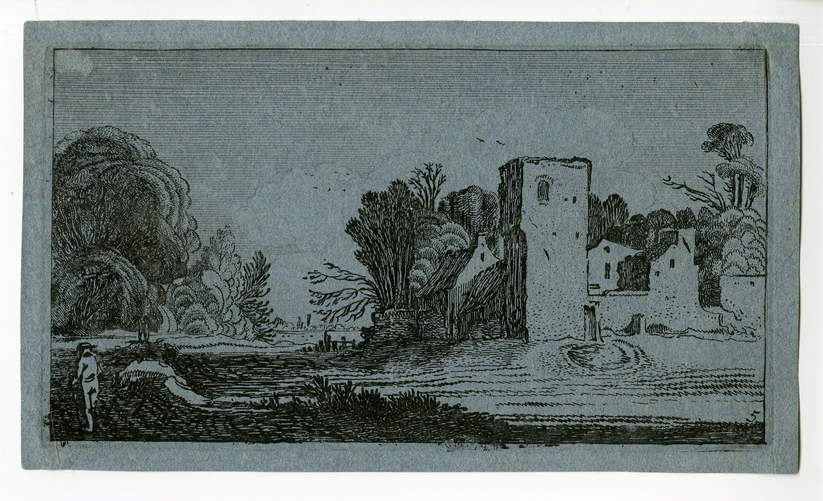 , Antique Print – LANDSCAPE WITH SQUARE TOWER-ANONYMOUS after VAN DE VELDE – 1610, Pictura Antique Prints