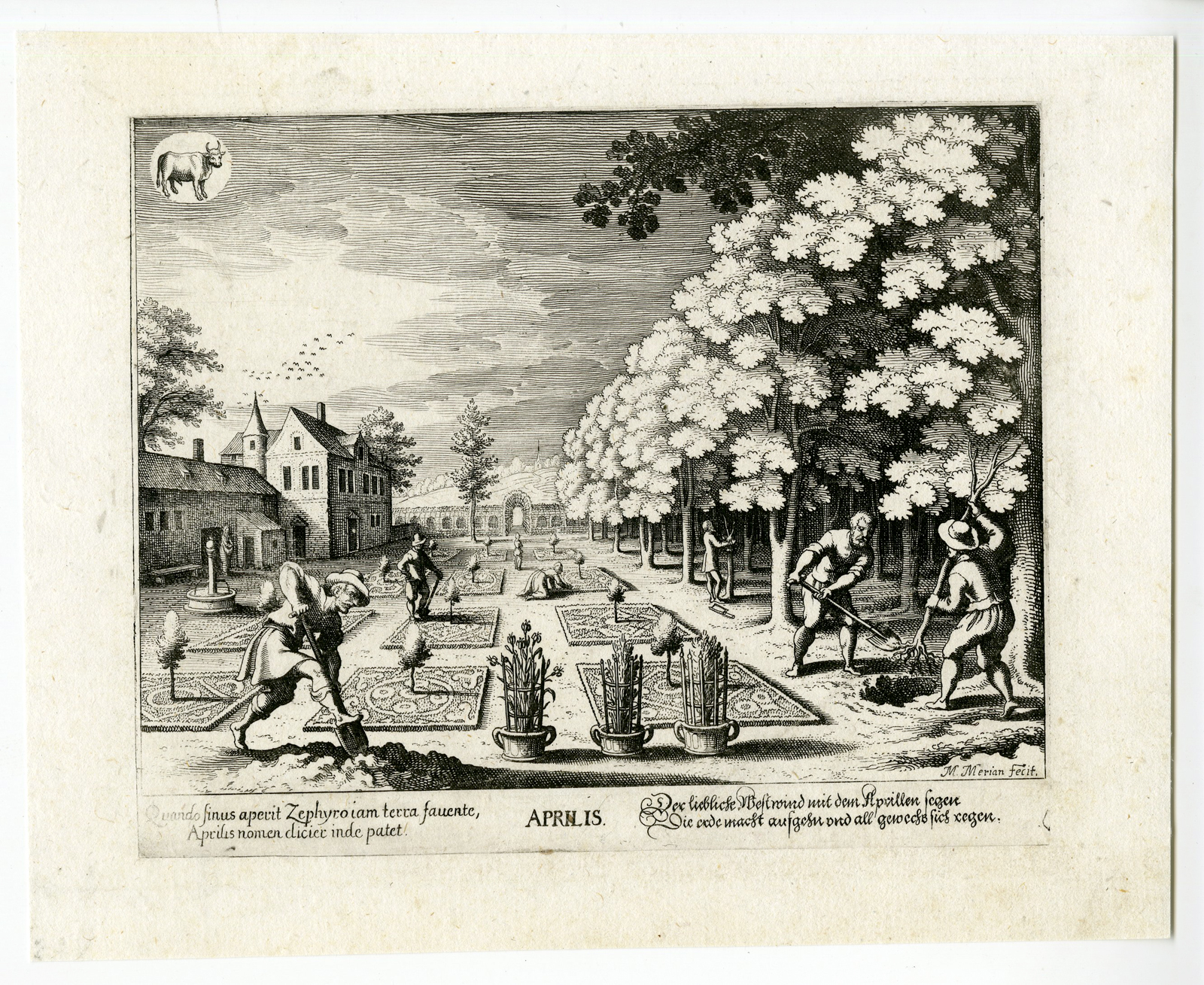 , Antique Print – MONTH OF APRIL-GARDENING-MERIAN after AUBRY – c.1622, Pictura Antique Prints