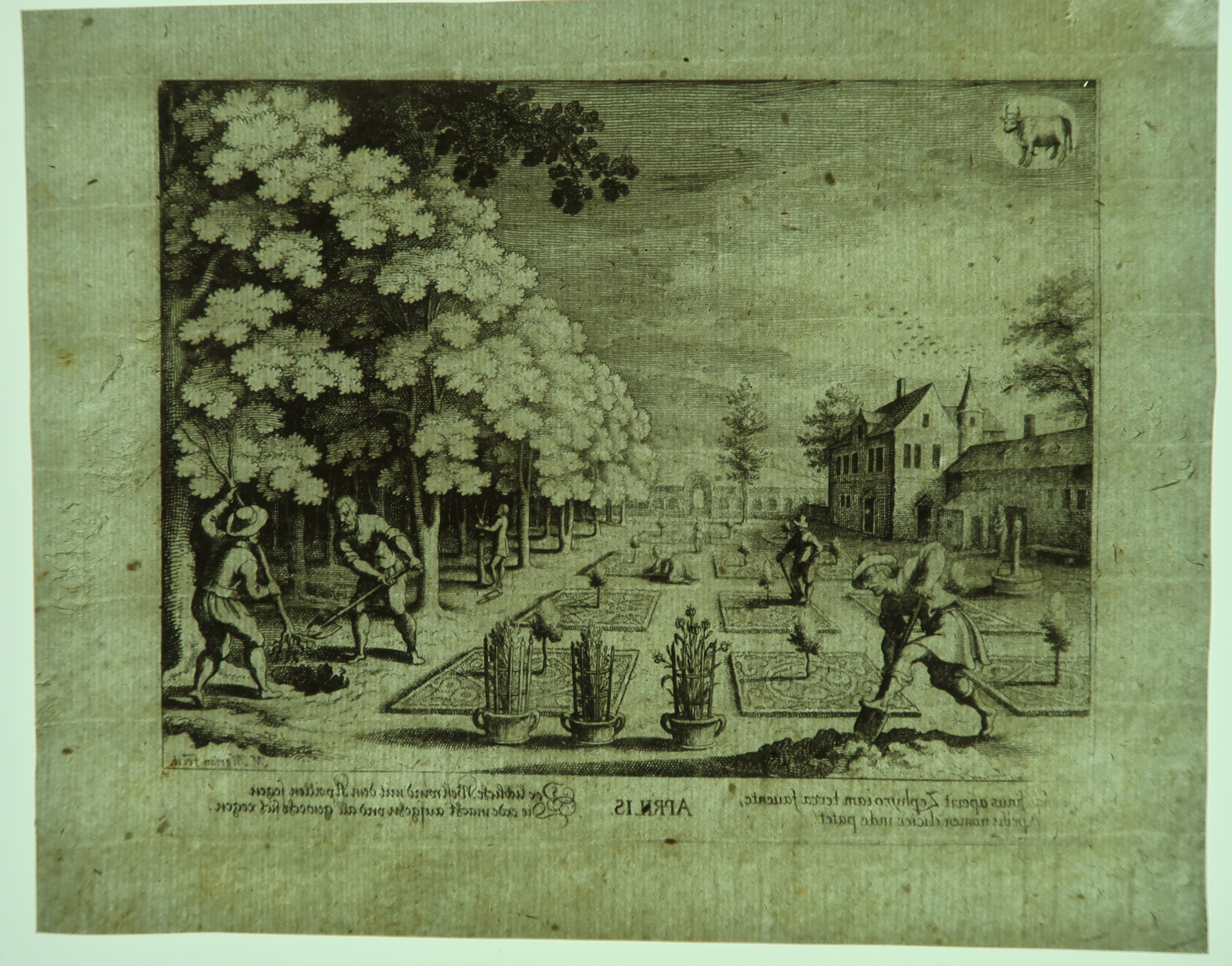 , Antique Print – MONTH OF APRIL-GARDENING-MERIAN after AUBRY – c.1622, Pictura Antique Prints