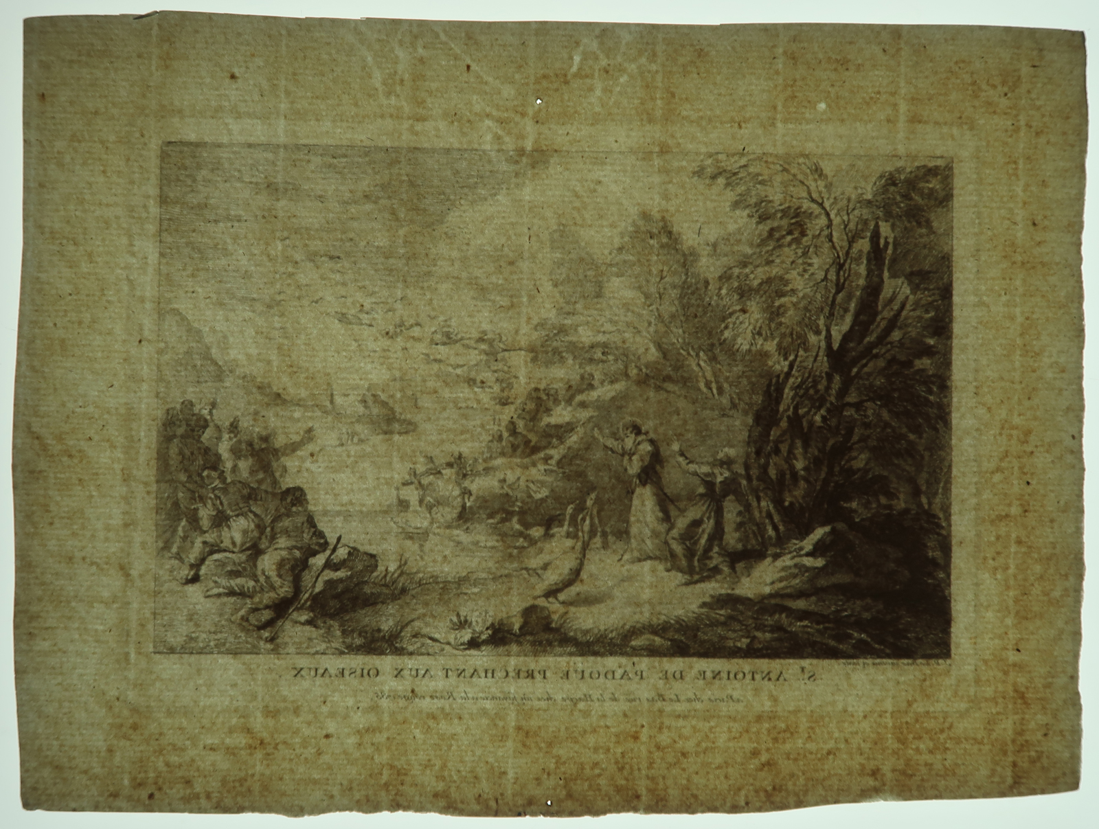 , Antique Print – ST. ANTHONY OF PADUA PREACHING TO BIRDS-J.P. LE BAS after own design – 1735, Pictura Antique Prints