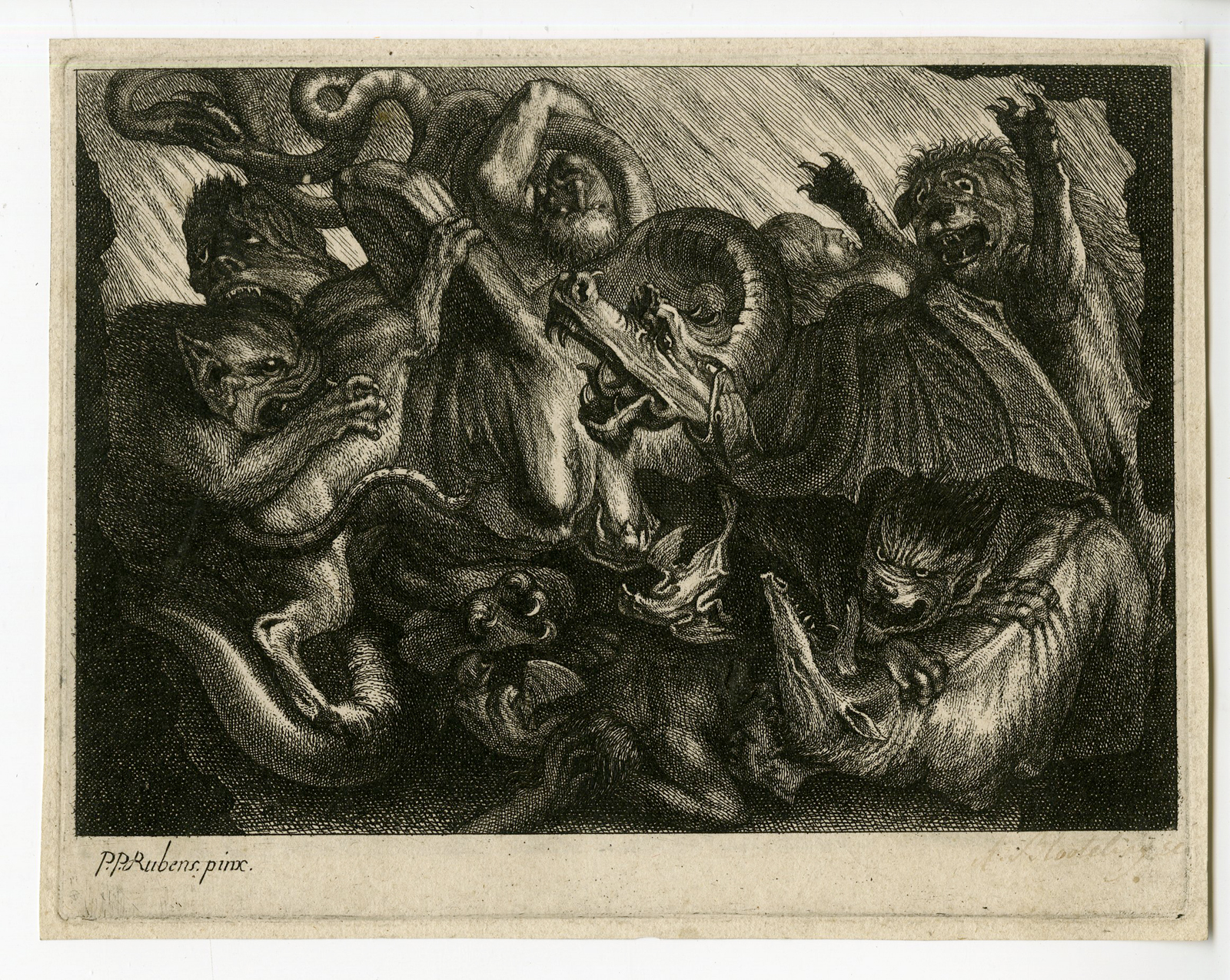 , Antique Print – HELL-DEMONS-DEVILS-DRAGON-SUYDERHOEF after RUBENS – c.1623, Pictura Antique Prints