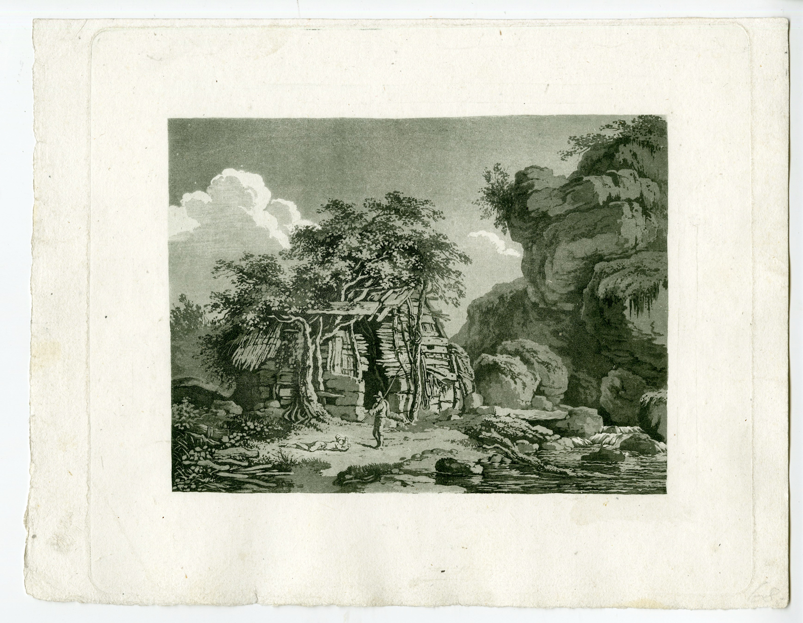 , Antique Print – LANDSCAPE WITH SHED-CABIN-ANONYMOUS after own design – c.1800, Pictura Antique Prints