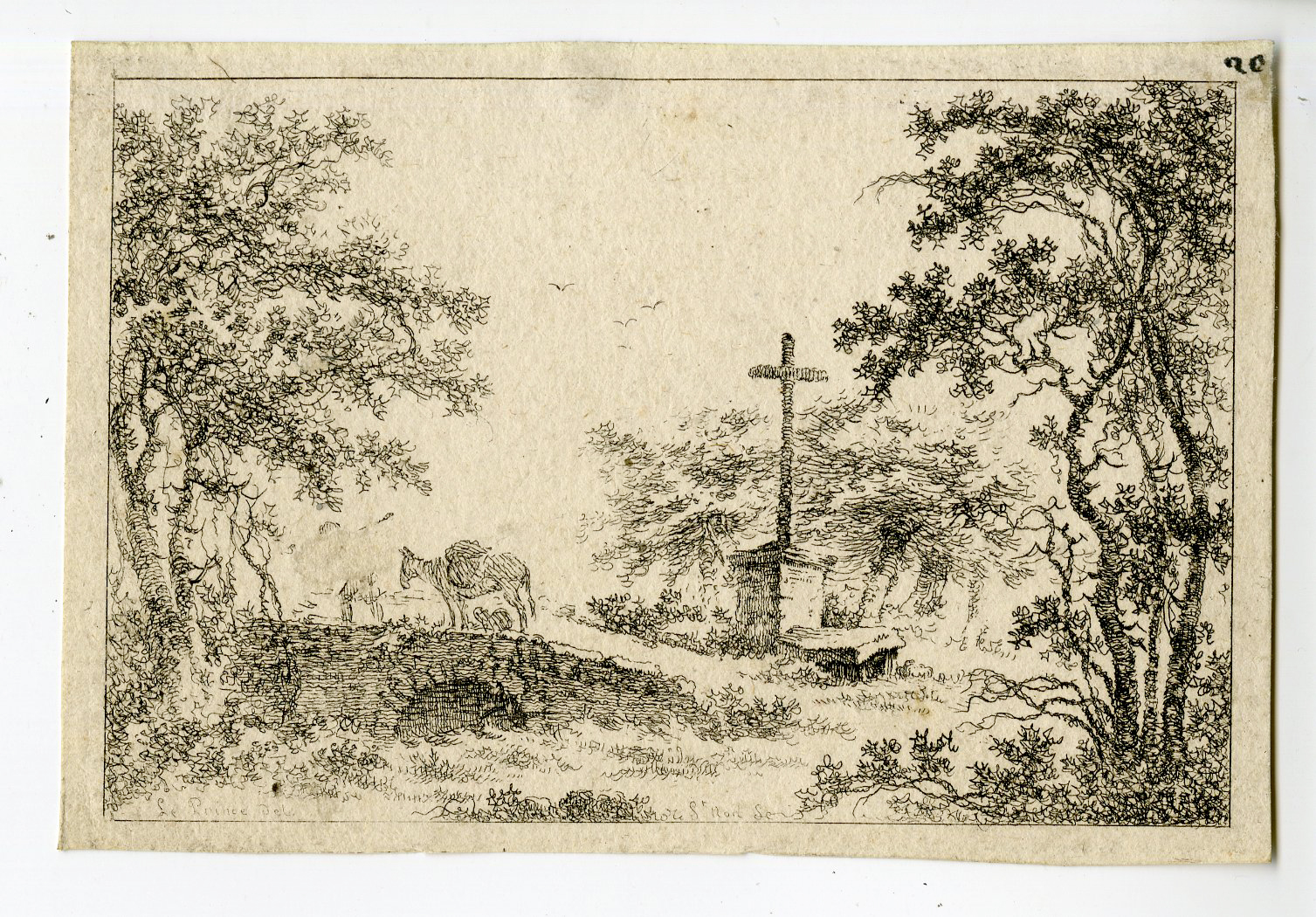 , Antique Print-LANDSCAPE-STONE BRIDGE-MULE-CROSS-Saint-Non after le Prince-c.1755, Pictura Antique Prints