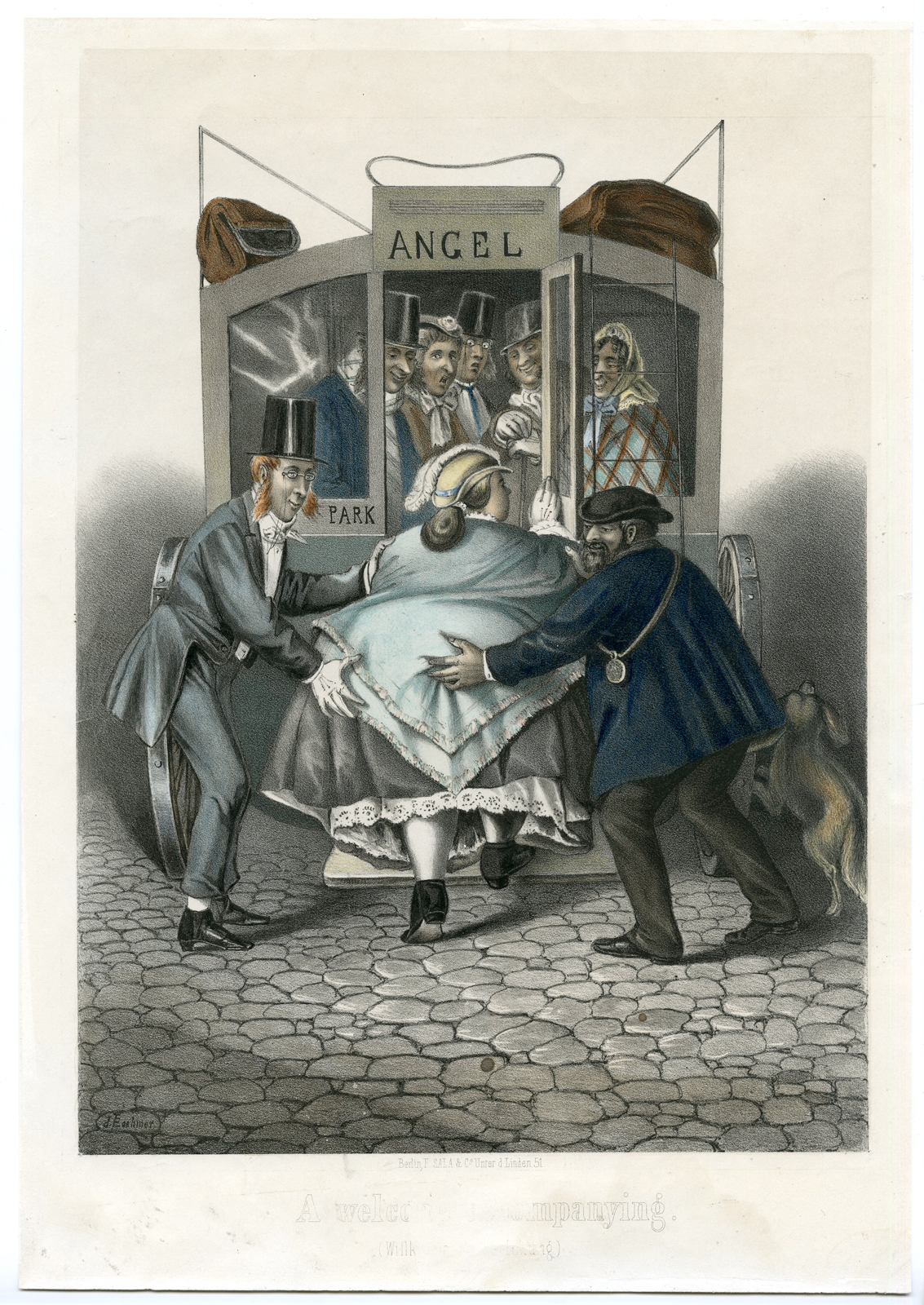 , 2 Antique Prints-ANGEL PARK-CARRIAGE-COACH-Boehmer-c. 1850, Pictura Antique Prints