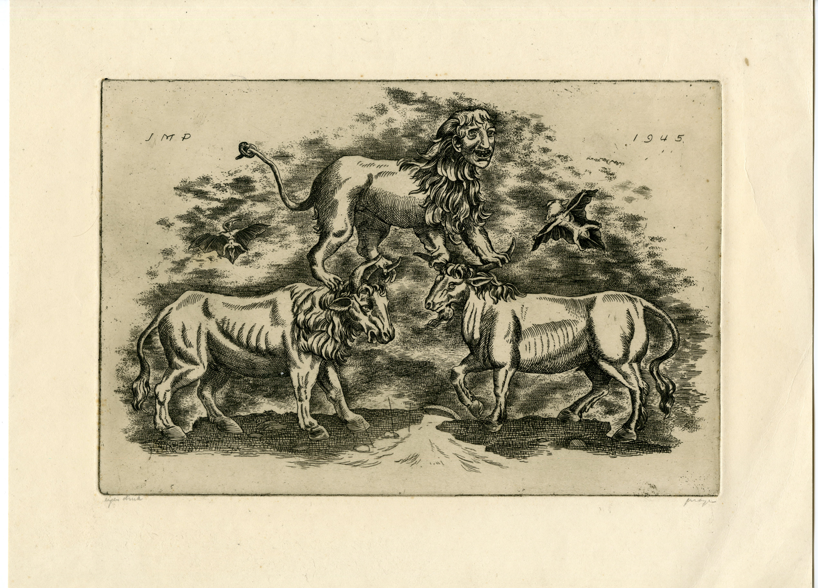 , Antique Master Print-BULLS-LION-BATS-Prange-1945, Pictura Antique Prints