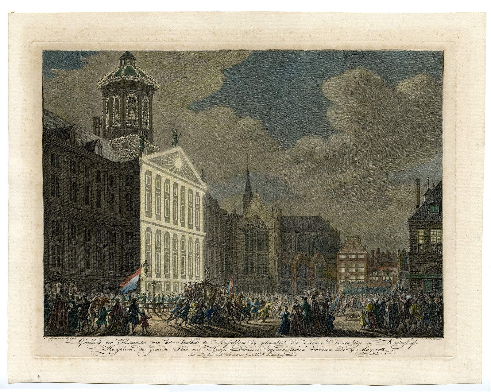 , Antique Master Print-ILLUMINATION-CITY HALL-AMSTERDAM-Fokke-c.1768, Pictura Antique Prints