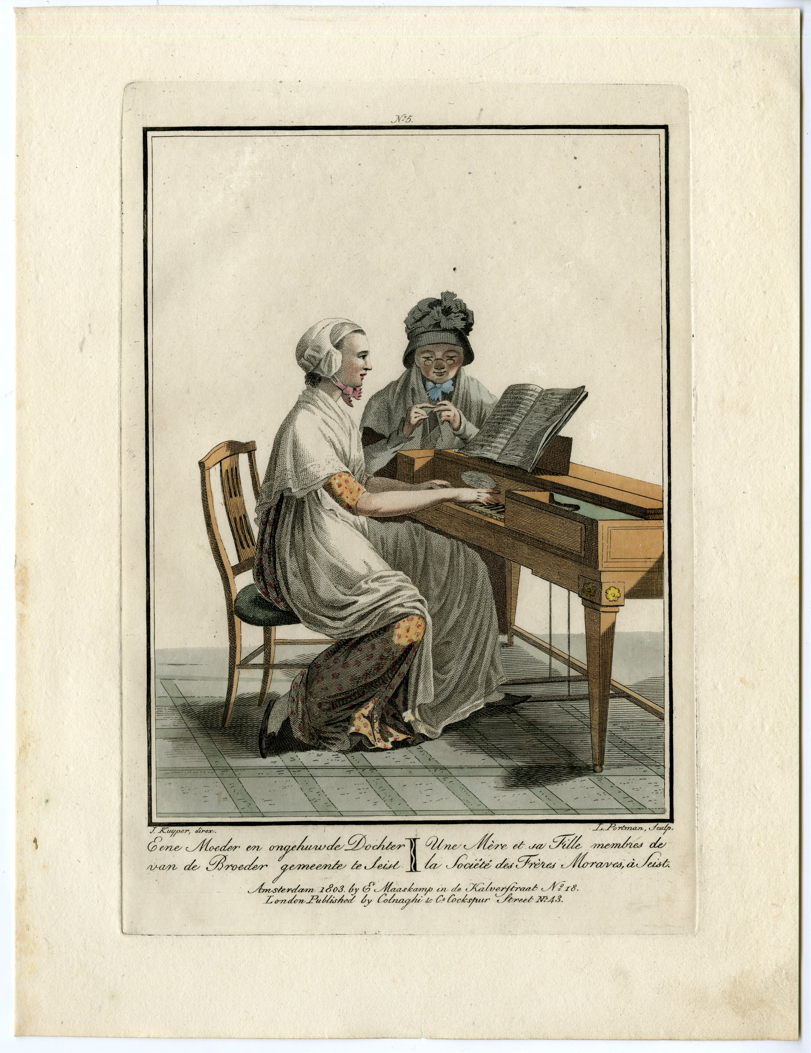 , Antique Print – COSTUME-DUTCH-HARPSICHORD-MORAVIAN MUSIC-LOUIS PORTMAN after KUYPER – 1808, Pictura Antique Prints