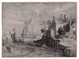 Rare Antique Master Print - SHIPS AT THE COAST - [Visscher II after van Wieringen-c. 1600]